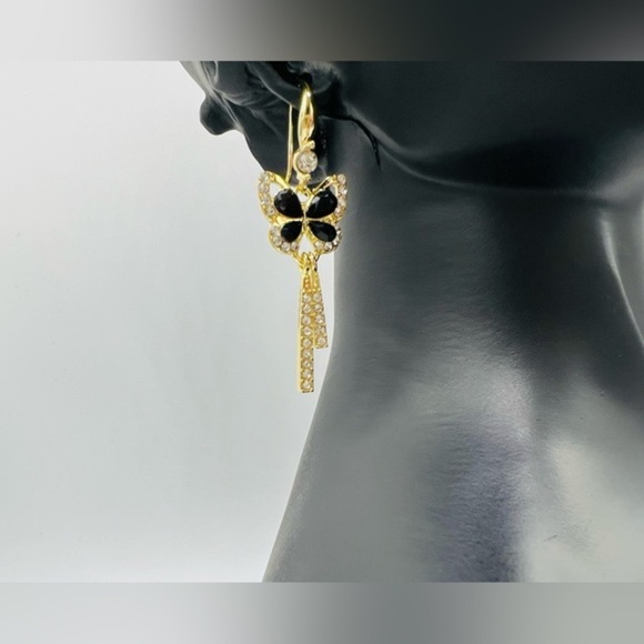 Crystal Studded Gold Butterfly Dangle Earrings in Black and Gold - Picture 1 of 10
